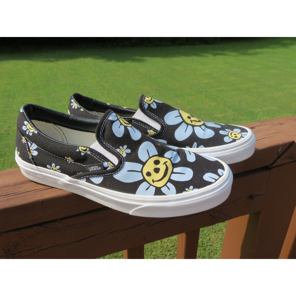 Vans Slip-On Shoes Womens 10 Black Blue Daisy Smiley Face Classic Canvas - Picture 3 of 7